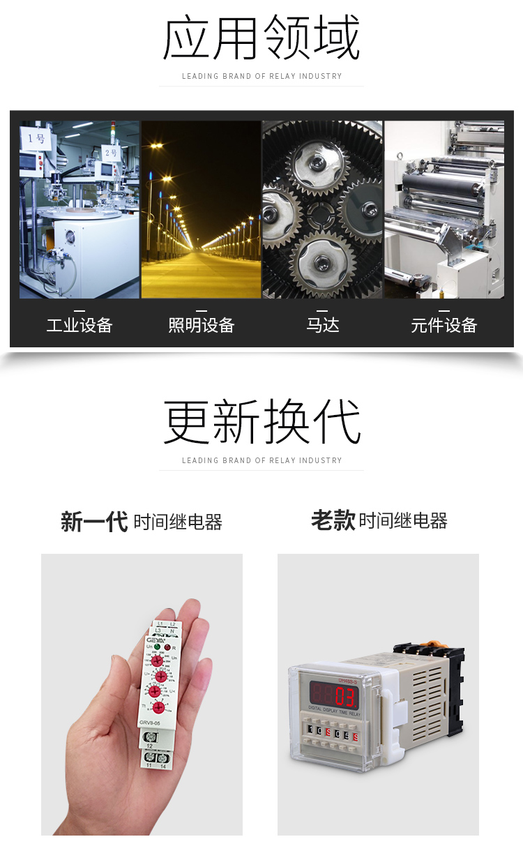 GRT8-M多功能型時間繼電器應用領域：工業設備，照明設備，馬達，元件設備；更新換代：新老脈沖繼電器產品圖對比；
