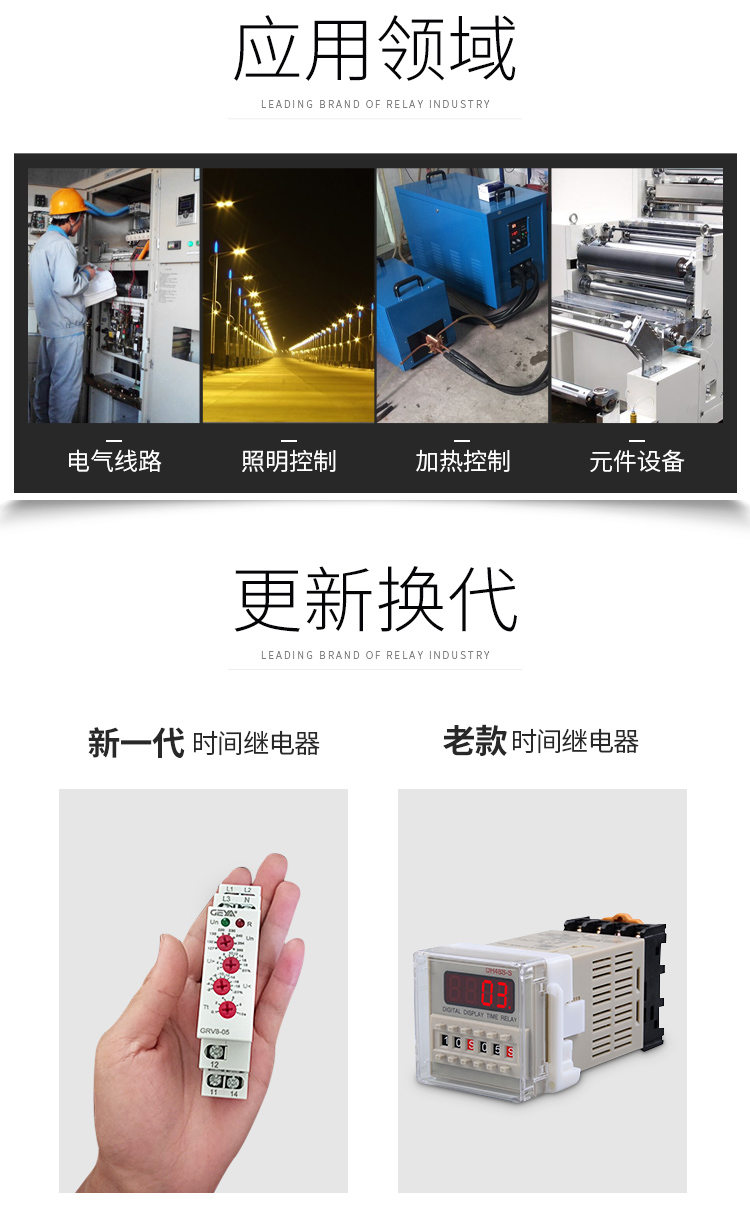 GRT8-S循環延時型時間繼電器應用領域：電氣線路，照明控制，加熱控制，元件設備；更新換代：新老繼電器產品圖對比；