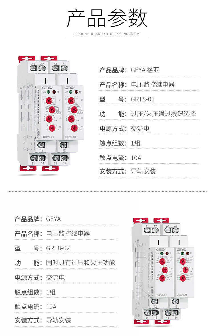 1、格亞GRV8電壓監控繼電器產品參數：產品品牌：GEYA格亞，產品名稱：電壓監控繼電器，型號：GRT8-01，功能：過壓/欠壓通過按鈕選擇,電源方式：交流電，觸點組數：1組，觸點電流：10A；安裝方式：導軌安裝；2、格亞GRV8電壓監控繼電器產品參數：產品品牌：GEYA格亞，產品名稱：電壓監控繼電器，型號：GRT8-02，功能：同時具有過壓和欠壓功能,電源方式：交流電，觸點組數：1組，觸點電流：10A；安裝方式：導軌安裝；